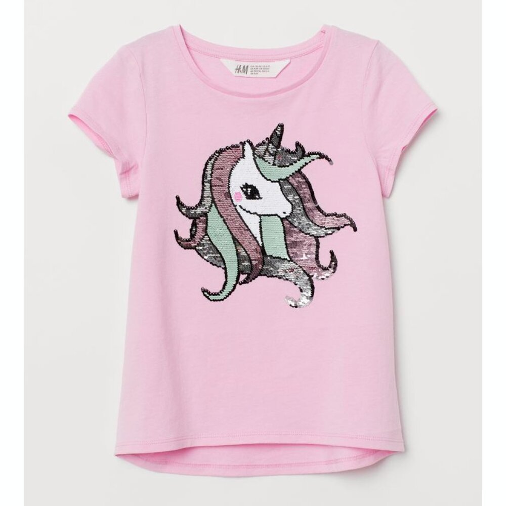 H&M Girls Sequin Flip Short Sleeve Top - Pink Unicorn